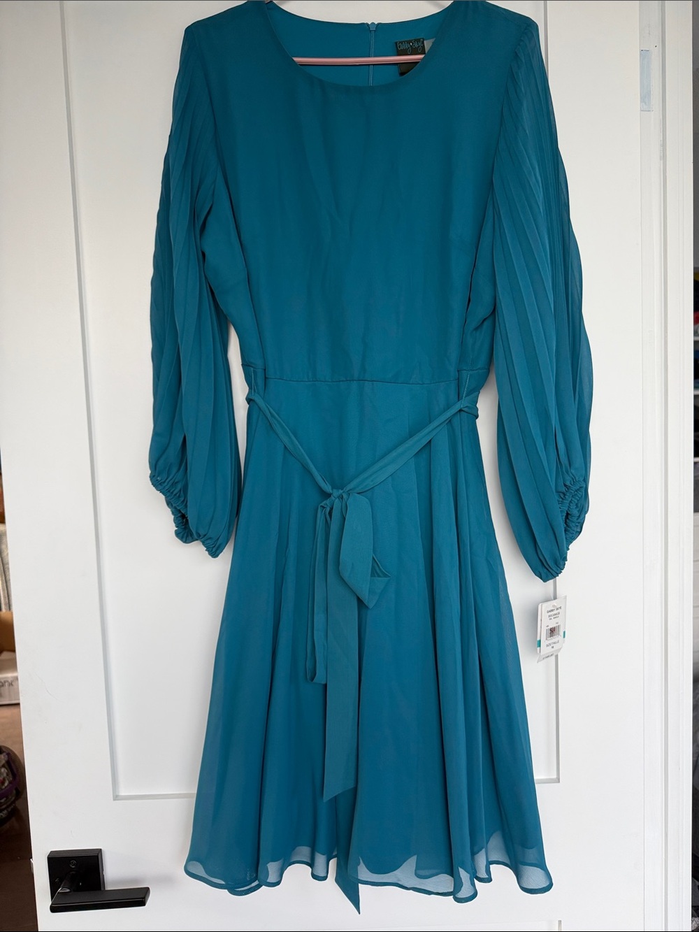 Gabby Skye Teal Pleated-Sleeve Tie-Waist Midi Dress